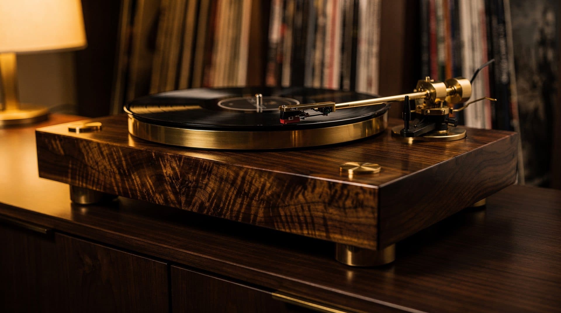 An Heirloom turntable with a solid walnut plinth and brass tonearm in a warmly lit listening room