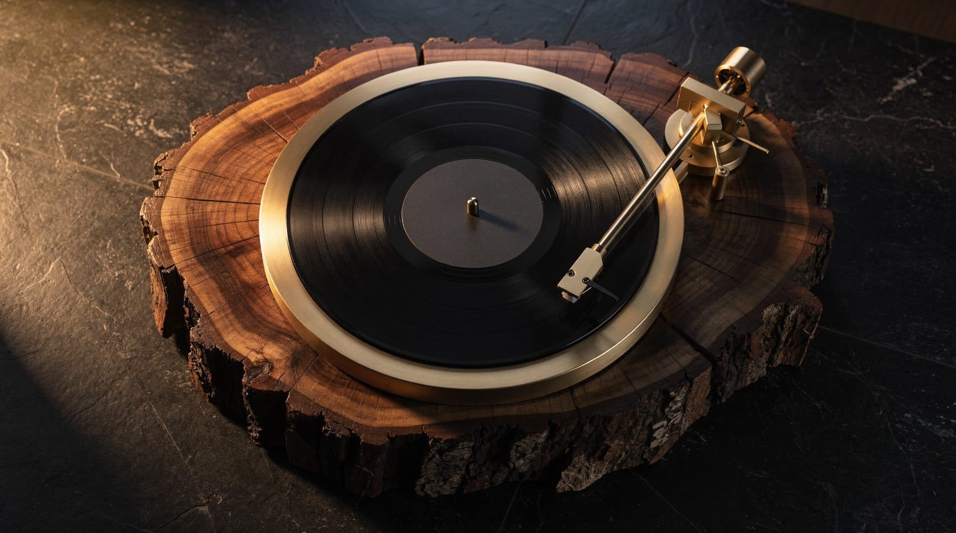 A Roots turntable plinth cut from a tree trunk, bark edge and growth rings intact